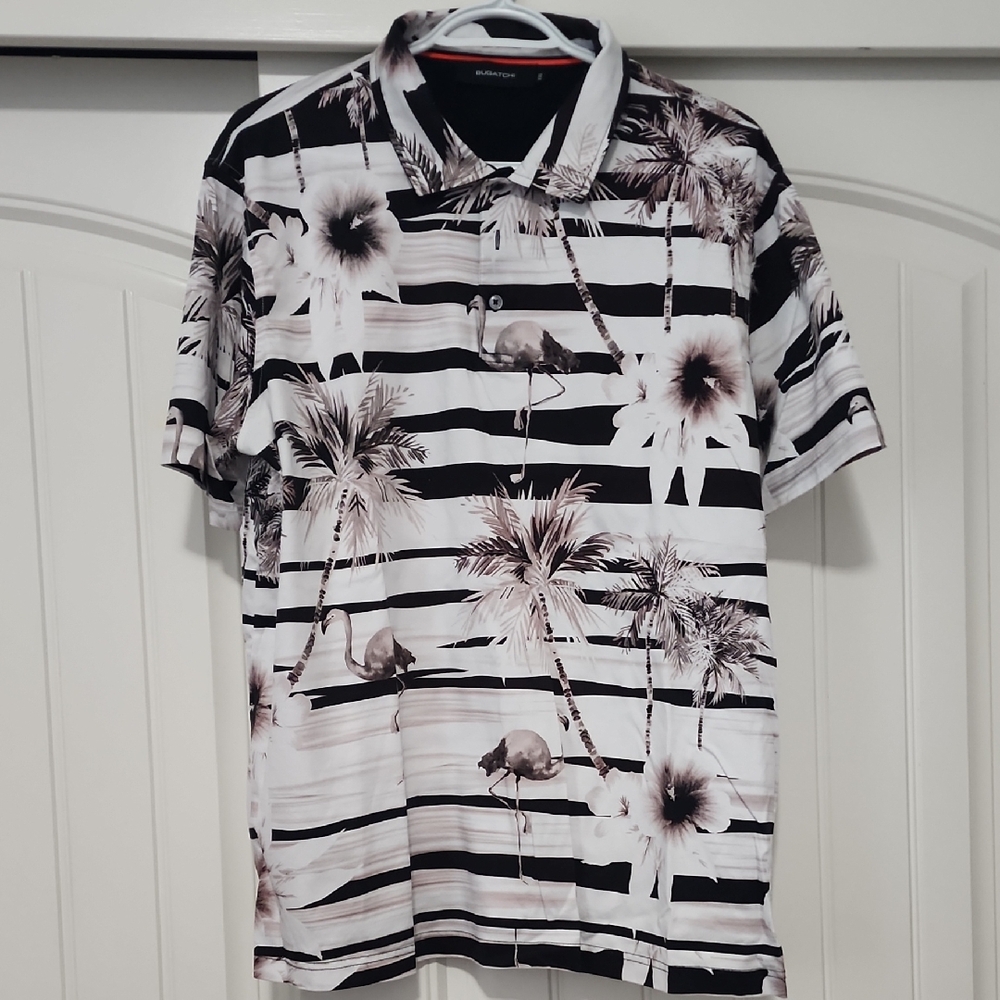 Bugatchi Black and White Striped Polo Shirt